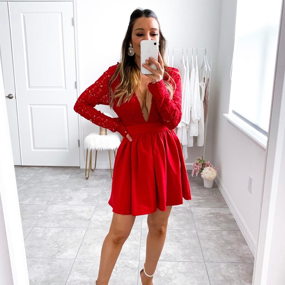 Red Plunge Guipure Lace Long Sleeve Skater Dress - Picture 15 of 16